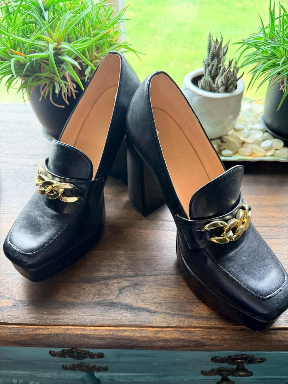 Black Platform Block Heel Loafers with Gold Chain Accent
